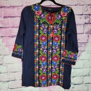 DURGA NAVY SCALLOP TRIM TASSEL NECK EMBROIDERED TAPESTRY FLORAL TUNIC SMALL